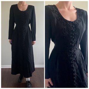 Vintage 90s Black Dress, 1990s Long Sleeve Black Button Up Maxi Dress
